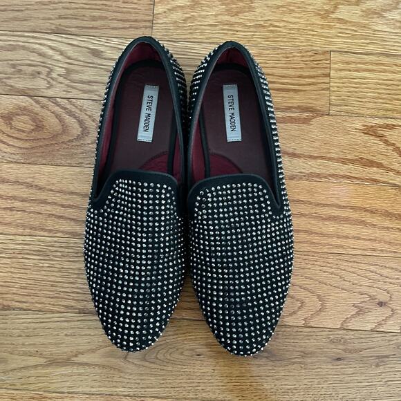 Steve Madden Rhinestone Loafers Mens 13 Black Leather Silver Bead Formal Shoes - Picture 6 of 8